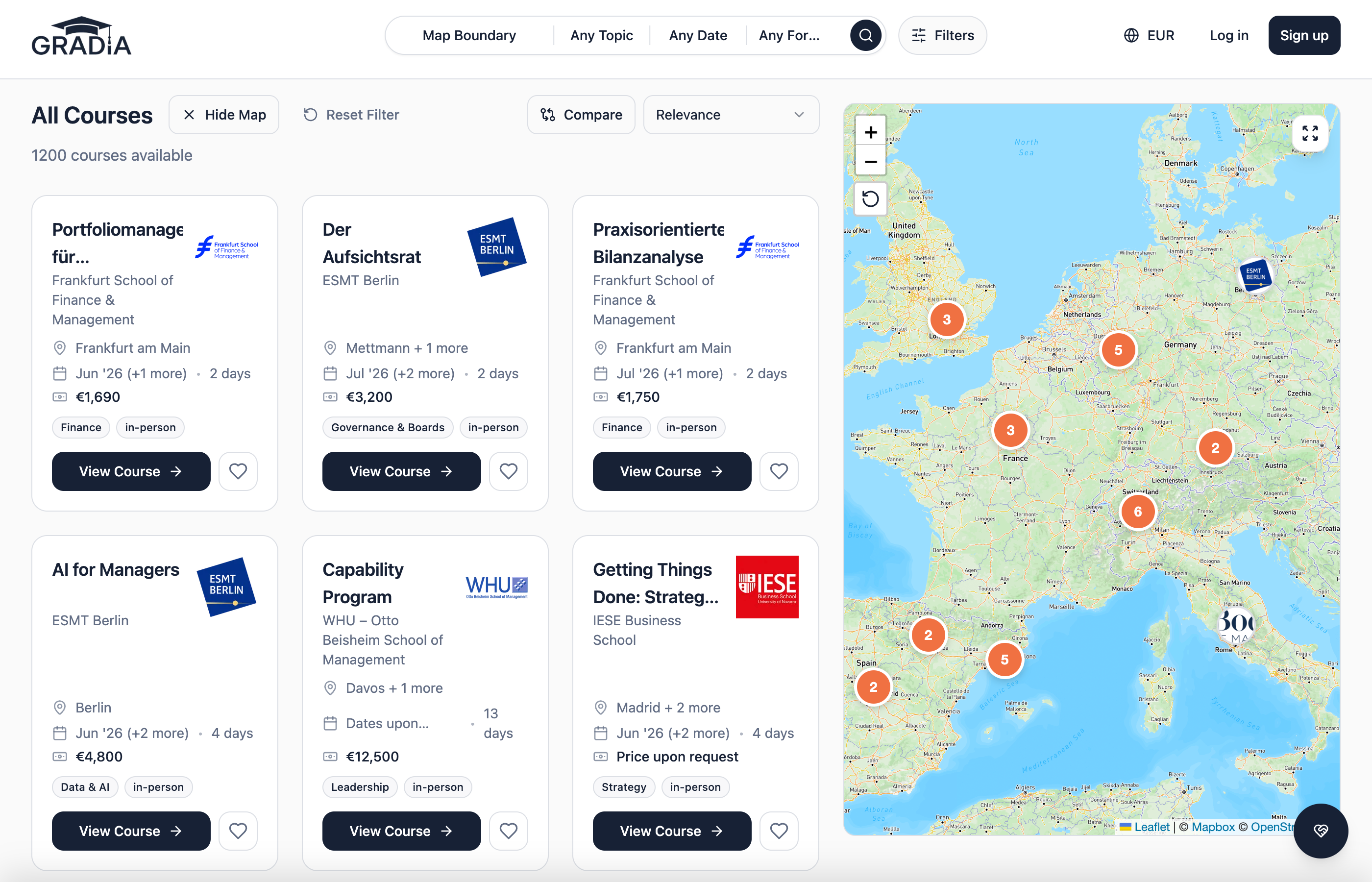 Gradia search page showing 1,459 executive programs side-by-side with a map of Europe